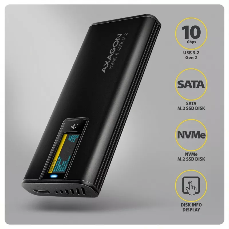 AXAGON EEM2-SD2B Externe Behuizing 10Gbps M.2 NVMe/SATA SSD met LED-indicatie, USB-C, Zwart