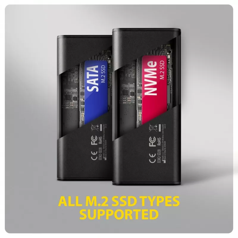 AXAGON EEM2-SD2B Externe Behuizing 10Gbps M.2 NVMe/SATA SSD met LED-indicatie, USB-C, Zwart