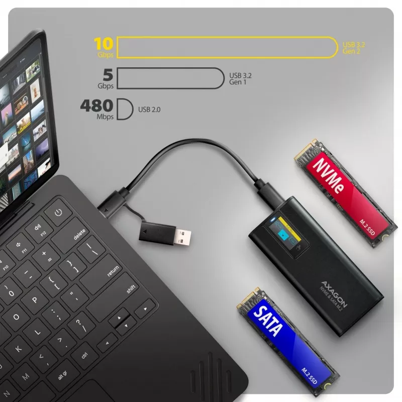 AXAGON EEM2-SD2B Externe Behuizing 10Gbps M.2 NVMe/SATA SSD met LED-indicatie, USB-C, Zwart