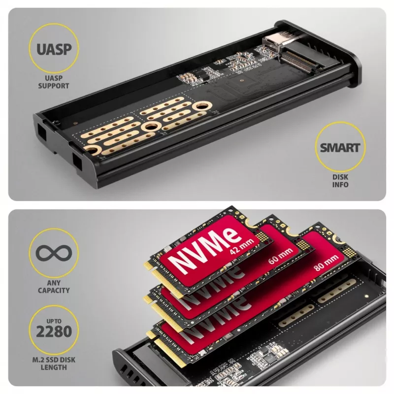 AXAGON EEM2-SD2B Externe Behuizing 10Gbps M.2 NVMe/SATA SSD met LED-indicatie, USB-C, Zwart
