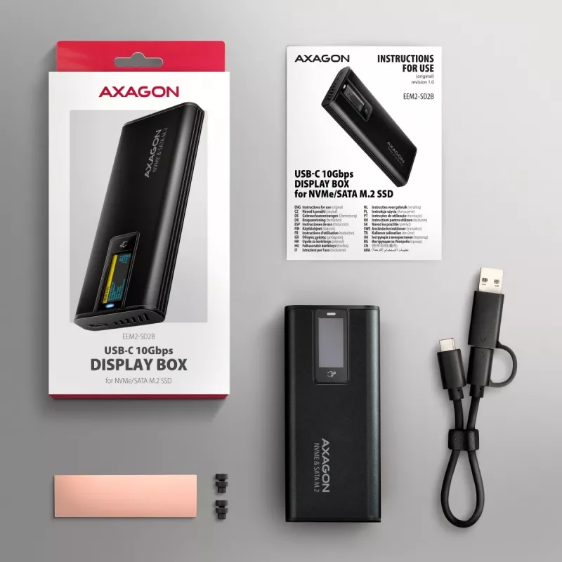 AXAGON EEM2-SD2B Externe Behuizing 10Gbps M.2 NVMe/SATA SSD met LED-indicatie, USB-C, Zwart