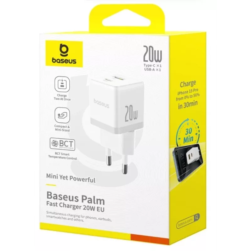 Baseus Palm 20W USB-C + USB-A wandlader, wit