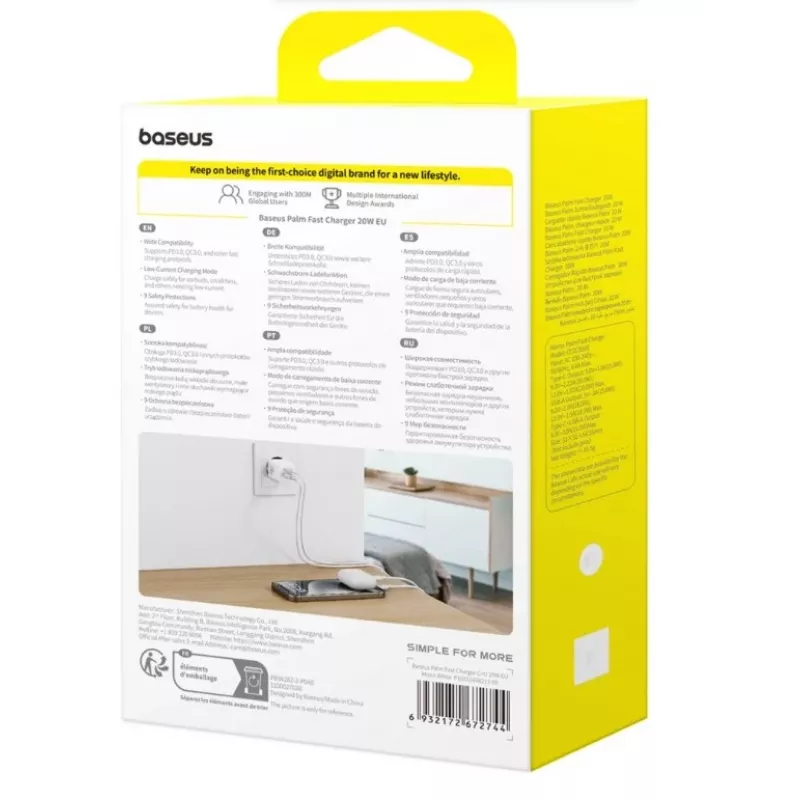 Baseus Palm 20W USB-C + USB-A wandlader, wit