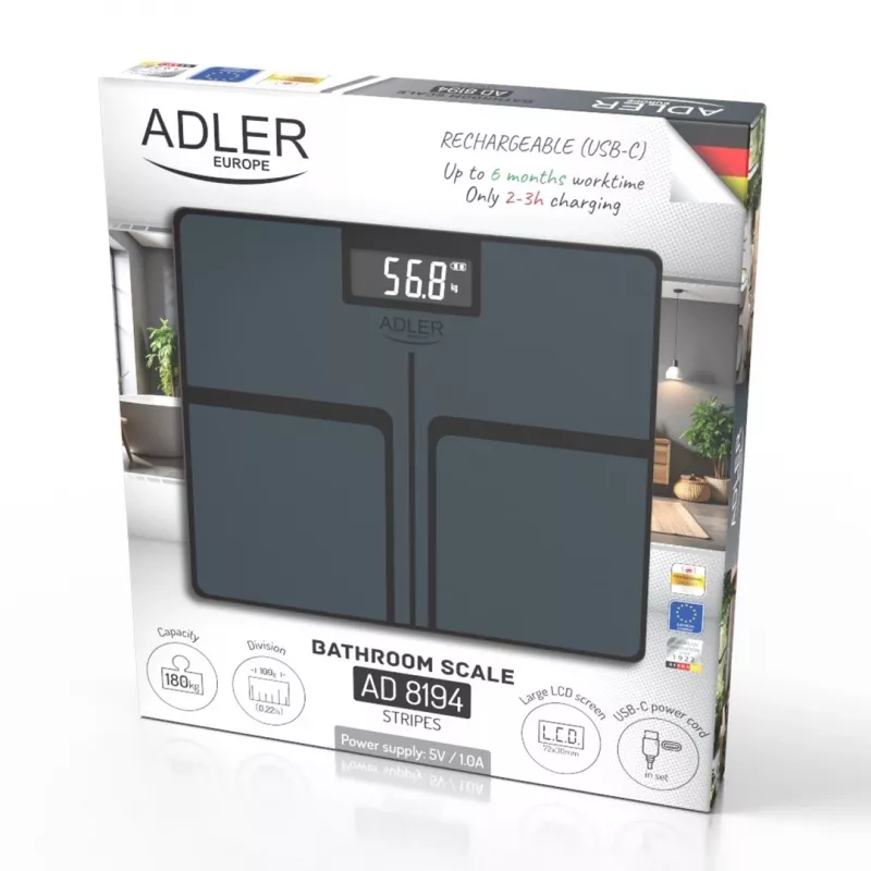 Adler AD 8194s digitale personenweegschaal, wit, strepenpatroon, 180 kg capaciteit