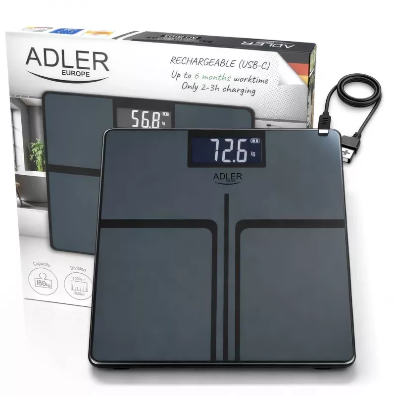 Adler AD 8194s digitale personenweegschaal, wit, strepenpatroon, 180 kg capaciteit