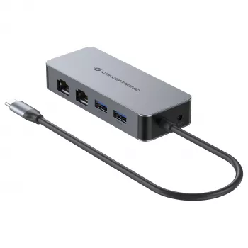 CONCEPTRONIC USB-C naar 2x Gigabit Ethernet + 2x USB-A 3.2 Gen 1-adapter, 0,3m, grijs