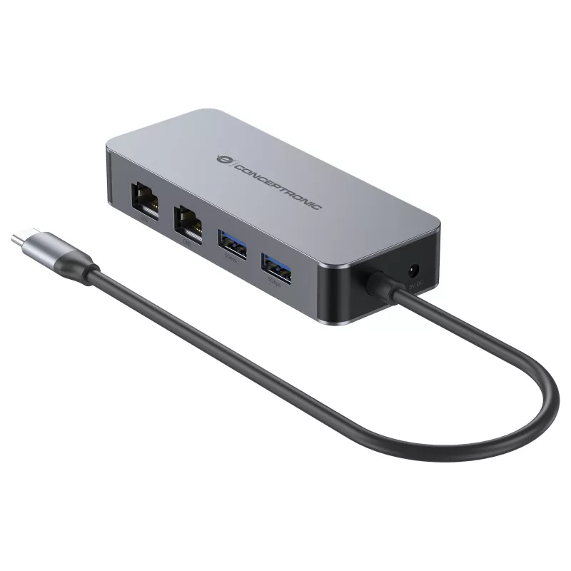 CONCEPTRONIC USB-C naar 2x Gigabit Ethernet + 2x USB-A 3.2 Gen 1-adapter, 0,3m, grijs