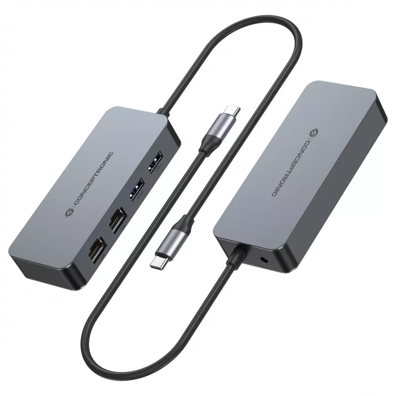 CONCEPTRONIC USB-C naar 2x Gigabit Ethernet + 2x USB-A 3.2 Gen 1-adapter, 0,3m, grijs