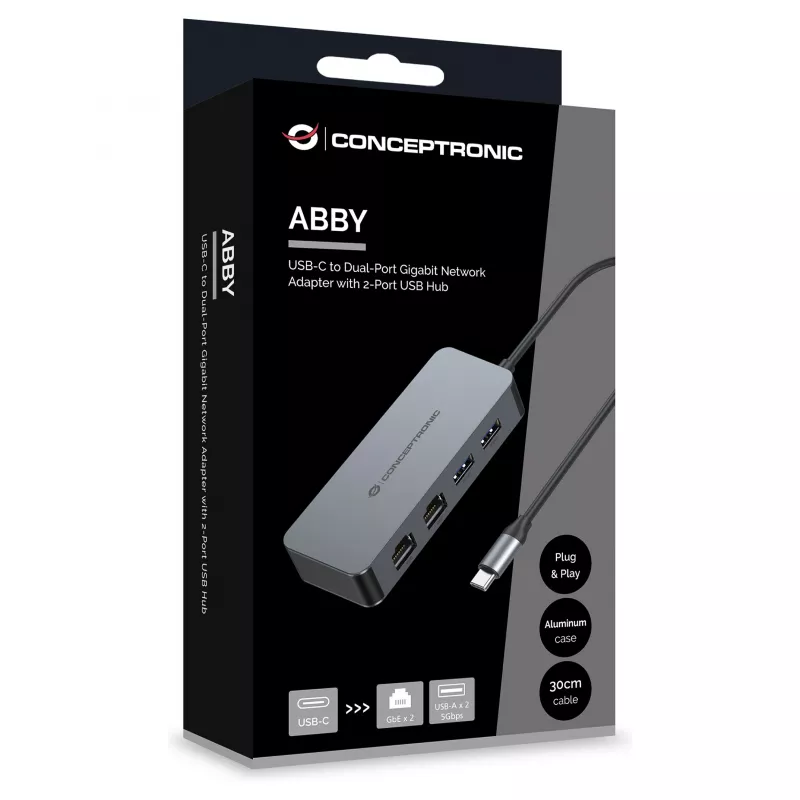 CONCEPTRONIC USB-C naar 2x Gigabit Ethernet + 2x USB-A 3.2 Gen 1-adapter, 0,3m, grijs