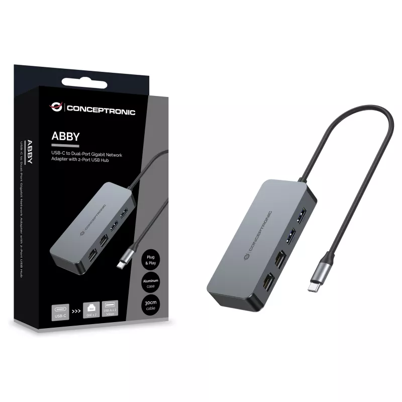 CONCEPTRONIC USB-C naar 2x Gigabit Ethernet + 2x USB-A 3.2 Gen 1-adapter, 0,3m, grijs