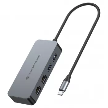 CONCEPTRONIC USB-C naar 2x Gigabit Ethernet + 2x USB-A 3.2 Gen 1-adapter, 0,3m, grijs
