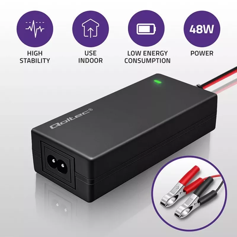 Qoltec 52665 Automatische acculader voor AGM GEL STD accu's, 24V 2A 48W, LED-indicatie, 1,8m kabel