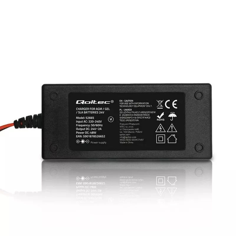 Qoltec 52665 Automatische acculader voor AGM GEL STD accu's, 24V 2A 48W, LED-indicatie, 1,8m kabel