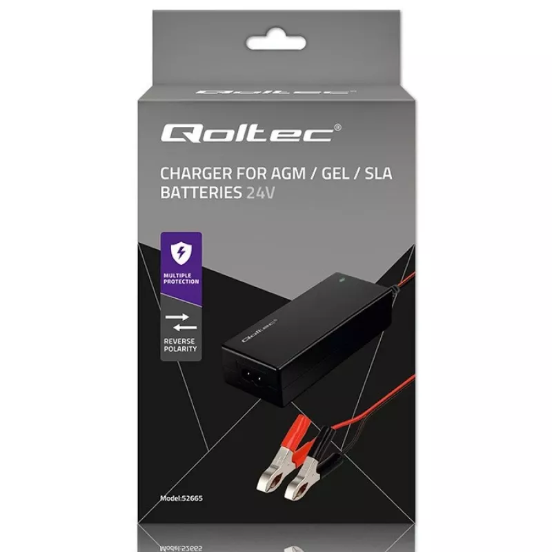 Qoltec 52665 Automatische acculader voor AGM GEL STD accu's, 24V 2A 48W, LED-indicatie, 1,8m kabel