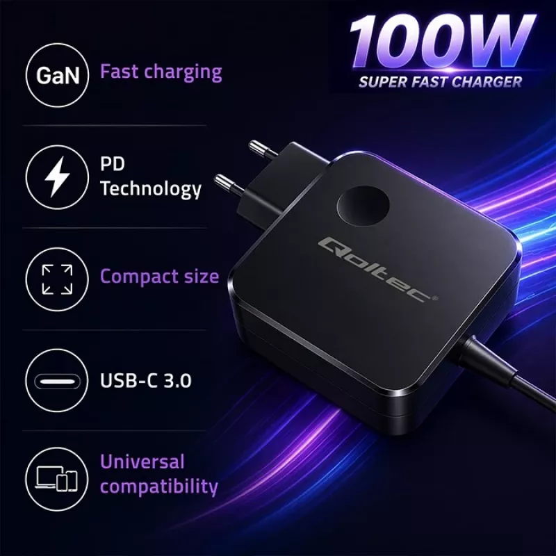 Qoltec 100W GaN USB-C PD oplader 5-20V 3-5A zwart