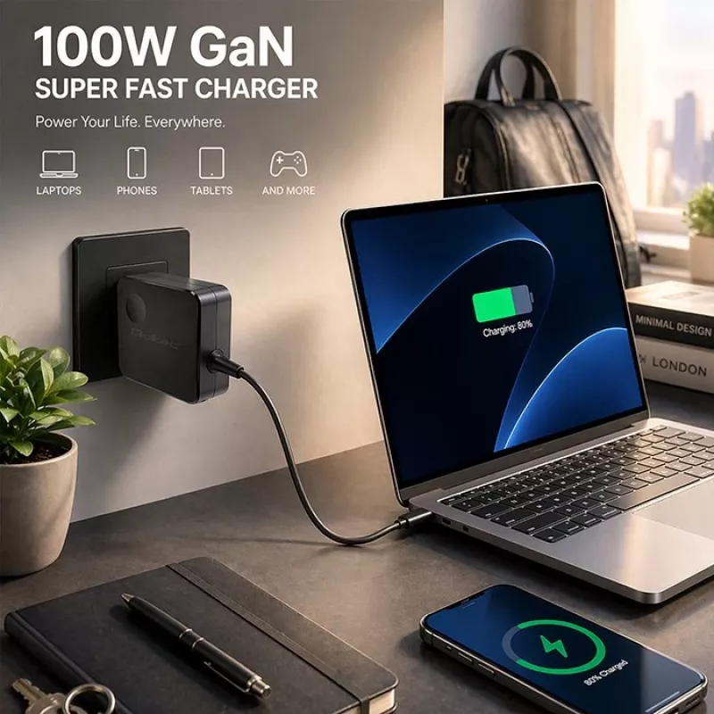 Qoltec 100W GaN USB-C PD oplader 5-20V 3-5A zwart