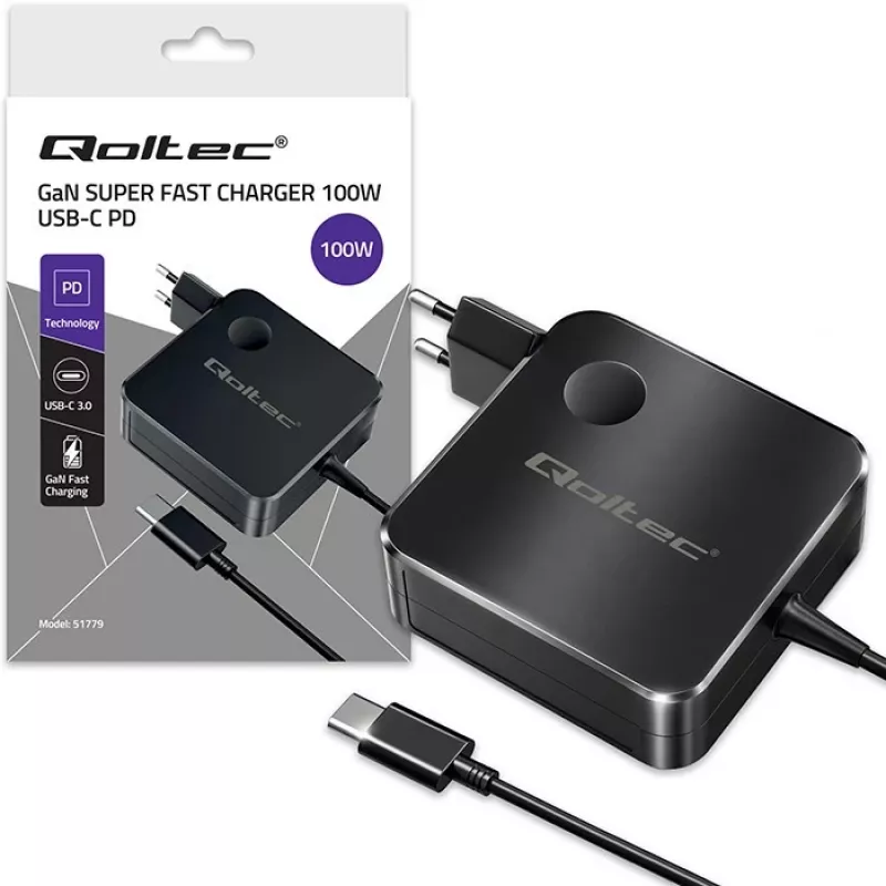 Qoltec 100W GaN USB-C PD oplader 5-20V 3-5A zwart
