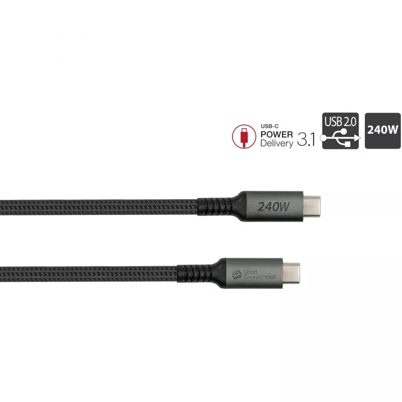 GoodConnections USB-C 2.0 (ST-ST) 3m verbindingskabel textielommanteling 240W antraciet