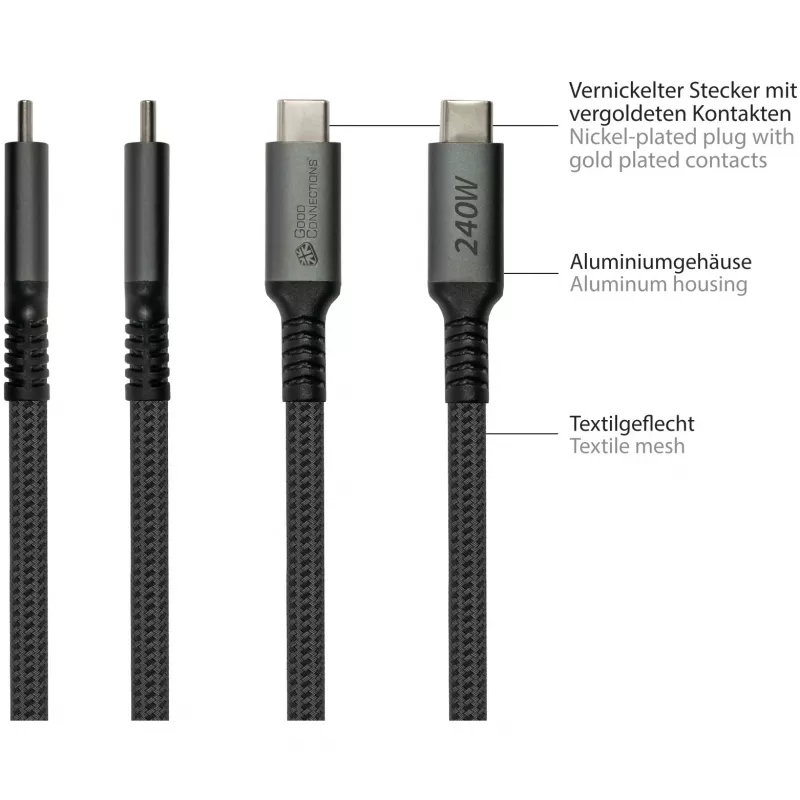 GoodConnections USB-C 2.0 (ST-ST) 3m verbindingskabel textielommanteling 240W antraciet