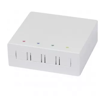 Synergy21 FTTH-wandbehuizing voor 4 SC-simplex- of LC-duplexkoppelingen, 80x80mm met kabelgeleiding, DIN-rail-/wandmontage, krimpkous, wit