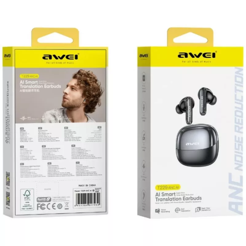 AWEI T229 ANC AI draadloze oordopjes met dockingstation, gunmetal