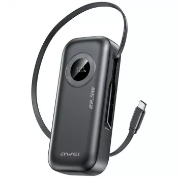 AWEI PowerBank PA-9 10000mAh 22,5W met intrekbare kabel zwart