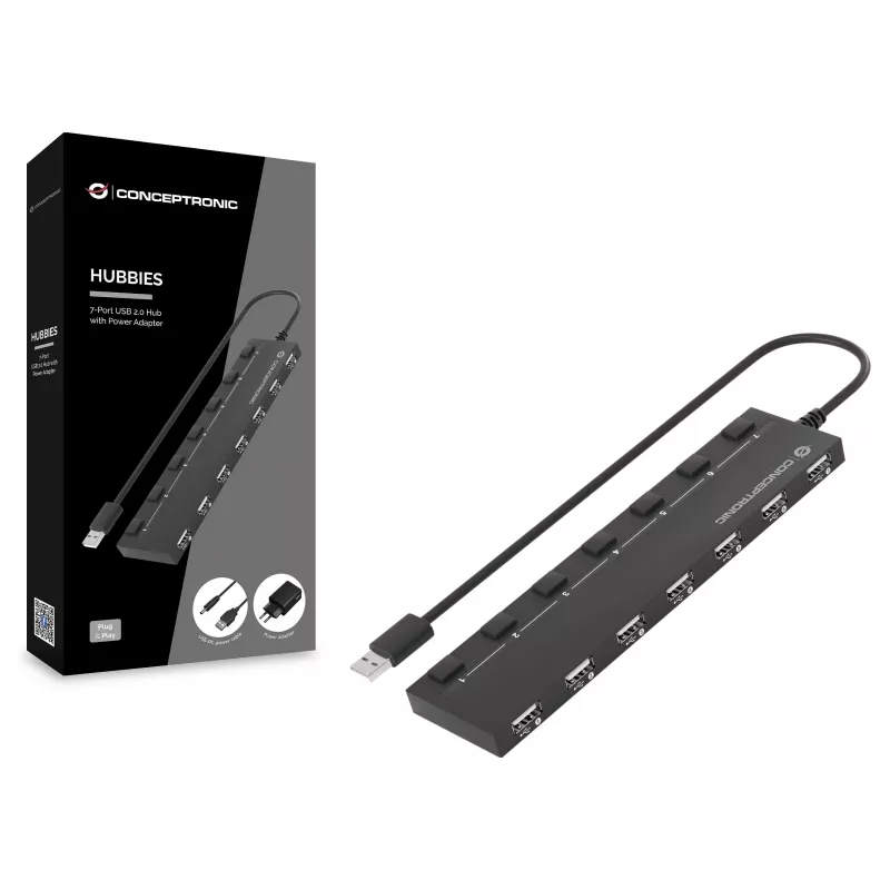 Conceptronic 7-poorts USB 2.0-hub met voeding - zwart (HUBBIES08BP)