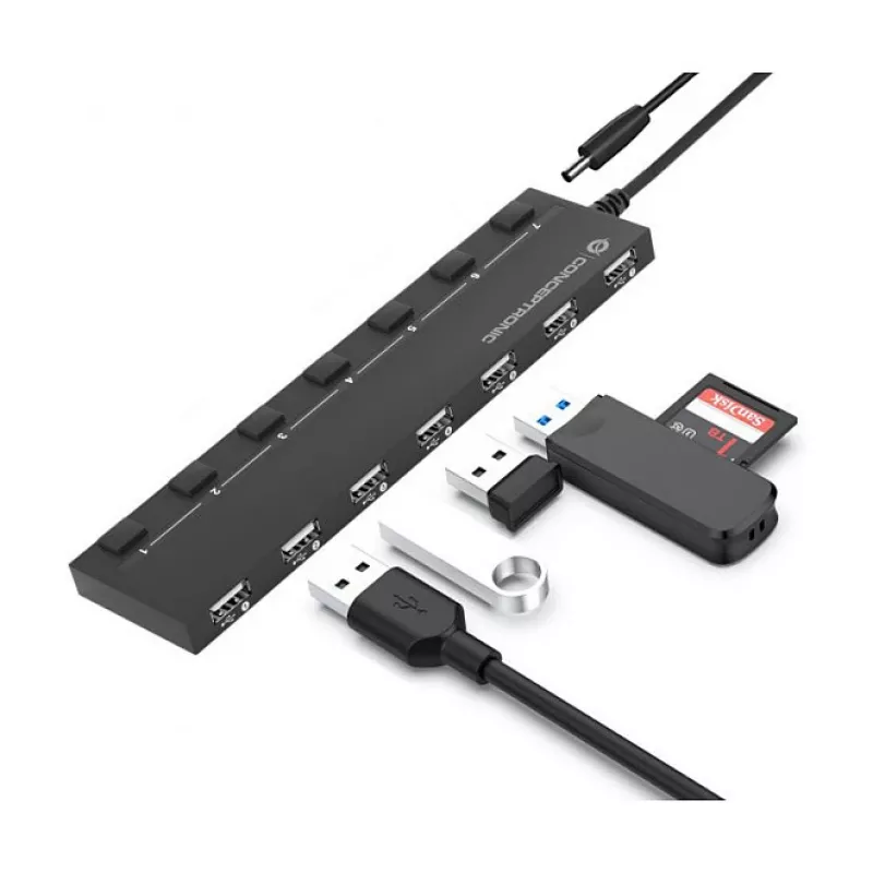 Conceptronic 7-poorts USB 2.0-hub met voeding - zwart (HUBBIES08BP)