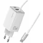 USAMS JC-serie CC266 65W GaN snellader 2xUSB-C 1xUSB-A met geïntegreerde USB-C-kabel 1,5m wit