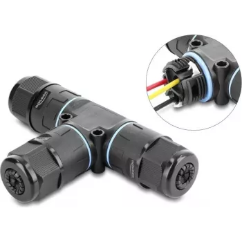 Delock T-vormige kabelverbinder, 3-polige klemmenstrook, IP68 waterdicht, voor kabeldiameter 5-9 mm, incl. afdichtingen voor 9-12 mm, gereedschapsloos, zwart (87244)