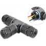 Delock T-vormige kabelverbinder, 3-polige klemmenstrook, IP68 waterdicht, voor kabeldiameter 5-9 mm, incl. afdichtingen voor 9-12 mm, gereedschapsloos, zwart (87244)