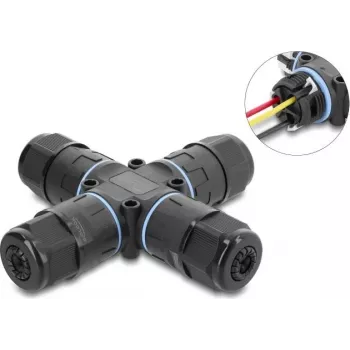 Delock X-Shape kabelverbinder met schroefklem 3-polig, IP68 waterdicht voor kabeldiameter 5 - 9 mm, incl. afdichtingen voor 9 - 12 mm, gereedschapsloos zwart (87247)
