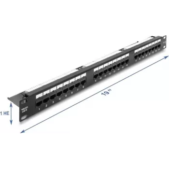 Delock 19 inch 1U patchpanel 24 poorten Cat.6 met LED en trekontlasting, ongeïsoleerd, zwart (91087)