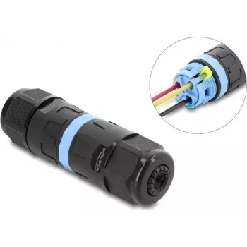 Delock inline kabelconnector 3 pin, IP68 waterdicht, klemverbinding, gereedschapsloos, voor kabeldiameter 5-9 mm, incl. afdichtingen voor 9-12 mm, zwart (87243)