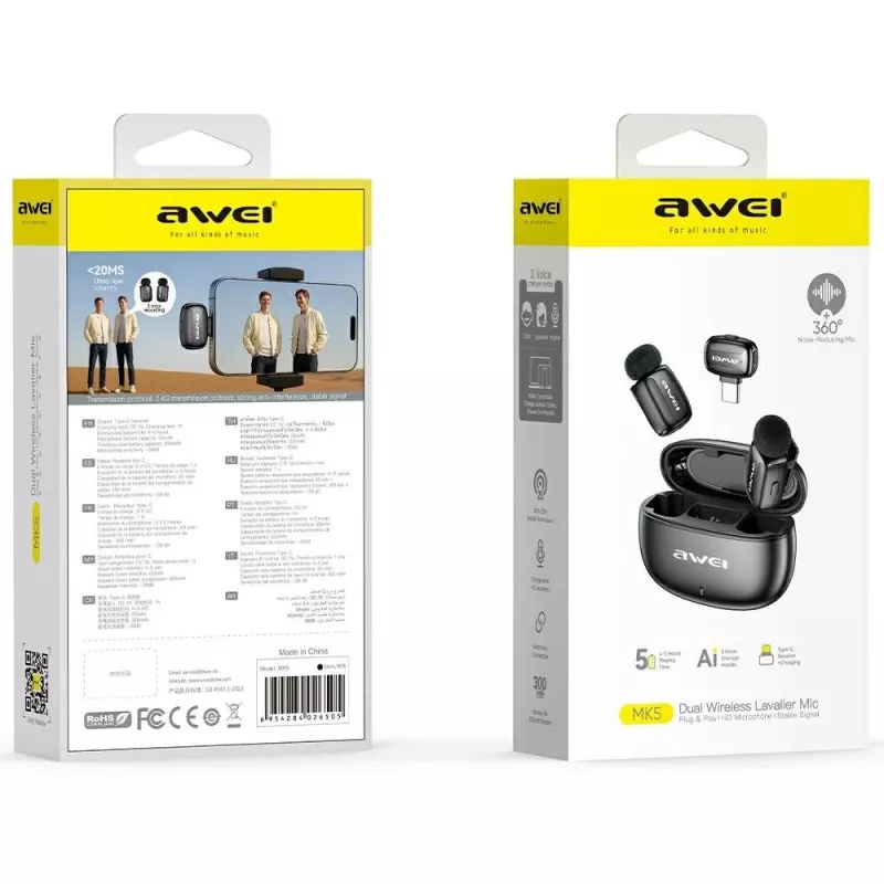 AWEI MK5 Duo Ai-Voice Black Draadloze Lavalier Microfoon