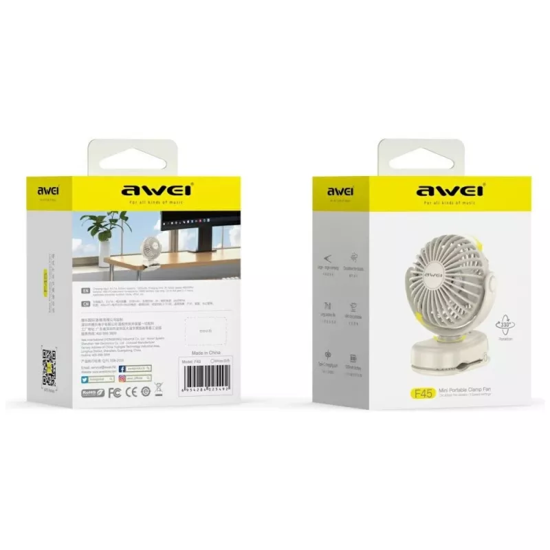 AWEI F45 mini tafelventilator met clip, 1200mAh, wit