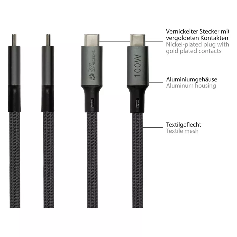 GoodConnections USB-C 4.0 (ST-ST) 1m gevlochten kabel 100W 8K 30Hz antraciet