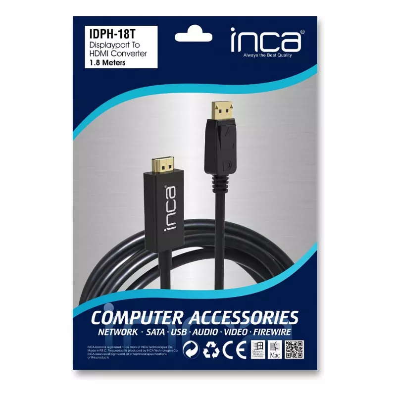 INCA DisplayPort naar HDMI-kabel 1,8 m 10,2 Gbit/s zwart