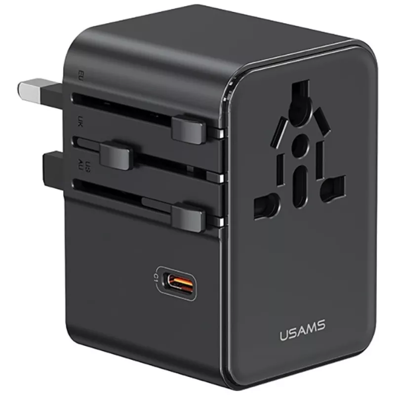 USAMS reisadapter CC310 70W 3xUSB-C US/AU/EU/UK zwart