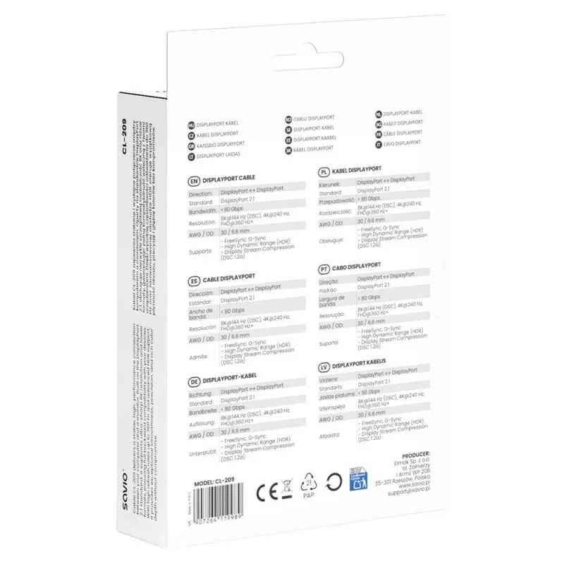 SAVIO CL-209 DisplayPort 2.1-kabel 1m zwart