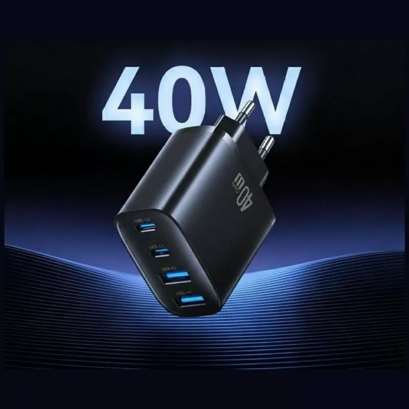USAMS T70 40W 2xUSB-A 2xUSB-C Voeding Zwart