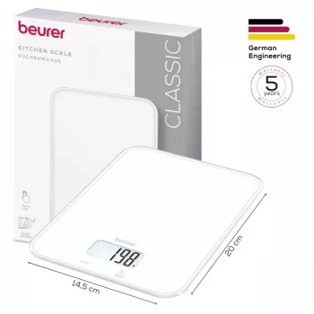 Beurer KS 19 Pure White digitale keukenweegschaal met sensortouch-toetsen, 5 kg capaciteit, 1 g verdeling, tara-functie, LCD-display