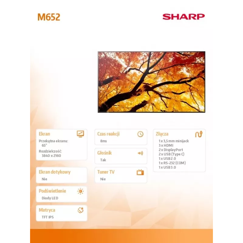 Sharp MultiSync M652 65 inch 4K UHD Professioneel display 550 cd/m² 24/7