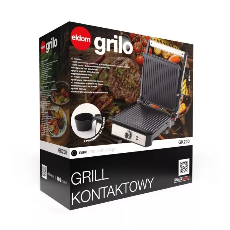 ELDOM GK200 GRILO contactgrill 2000W met instelbare thermostaat, antiaanbakplaten, zwart/zilver