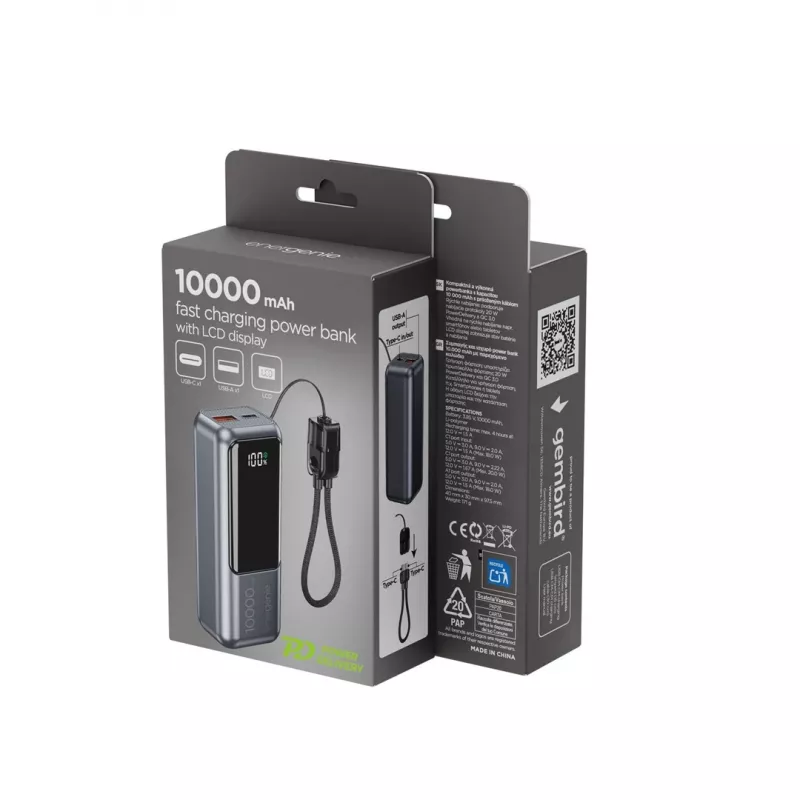 Gembird PB10-PD20-LCD-02 compacte snellaadpowerbank met LCD-display, 20W, 10000 mAh, Space Grey