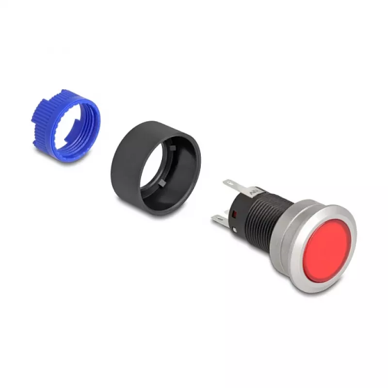 Delock 22 mm inbouw-drukschakelaar, vlak, rode LED, soldeeraansluitingen, 1 NO, 230 V AC/DC