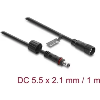 Delock DC-verlengkabel 5,5 x 2,1 mm male naar female met schroefsluiting M12 x 1,75 mm schroefdraad waterdicht 18 AWG, 1 m zwart