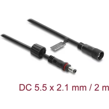 Delock DC-verlengkabel 5,5 x 2,1 mm stekker naar bus met schroefvergrendeling M12 x 1,75 mm schroefdraad waterdicht 18 AWG, 2 m zwart (67384)
