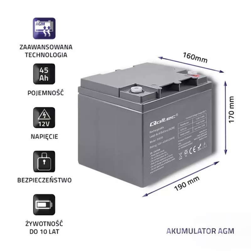 Qoltec 53035 AGM-accu 12V 45Ah 540A