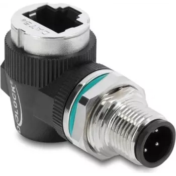 Delock M12-adapter D-gecodeerd 4-polig stekker naar RJ45 bus inbouwbehuizing rond 90° haaks (90664)